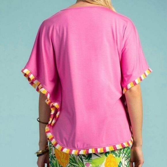 Trina Turk Delfino Fringed Tunic Poncho Top Boho Resort Shirt Vibrant Pink M / L - Picture 2 of 12